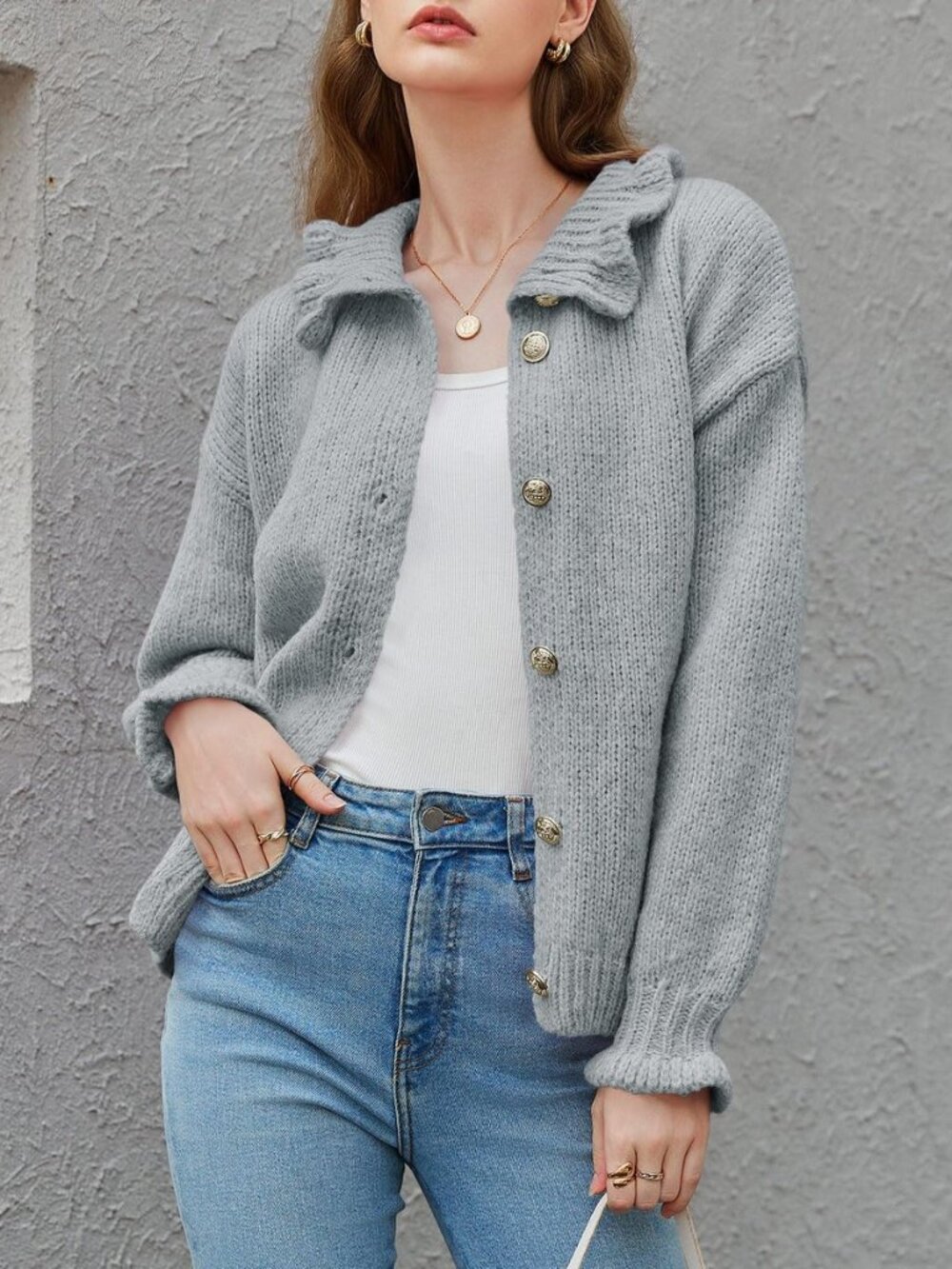 Womens Ruffle Cardigan Oversized Button Up Fall Trendy Ribbed Knit Open Front - Picture 3 of 8